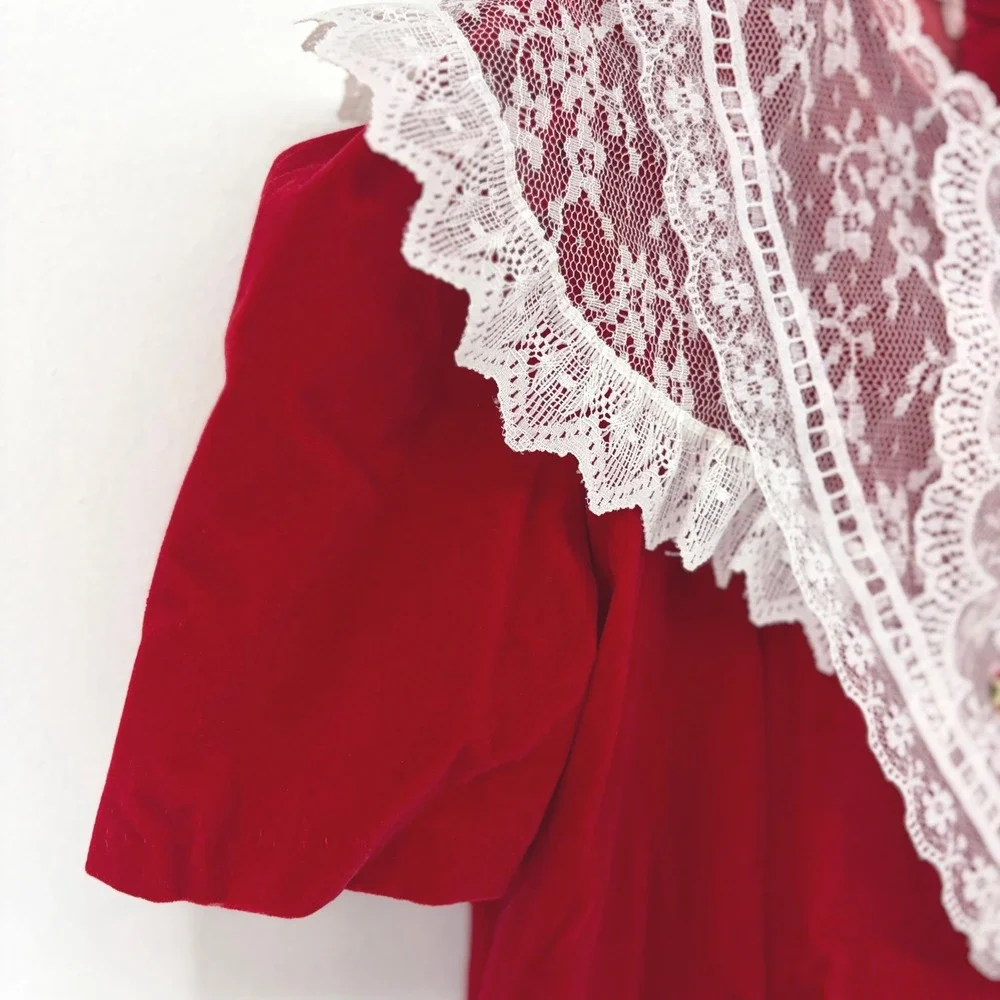 Vintage Picture Perfect Red Velvet Lace Collar Dress Girls Size 10 USA Holiday
